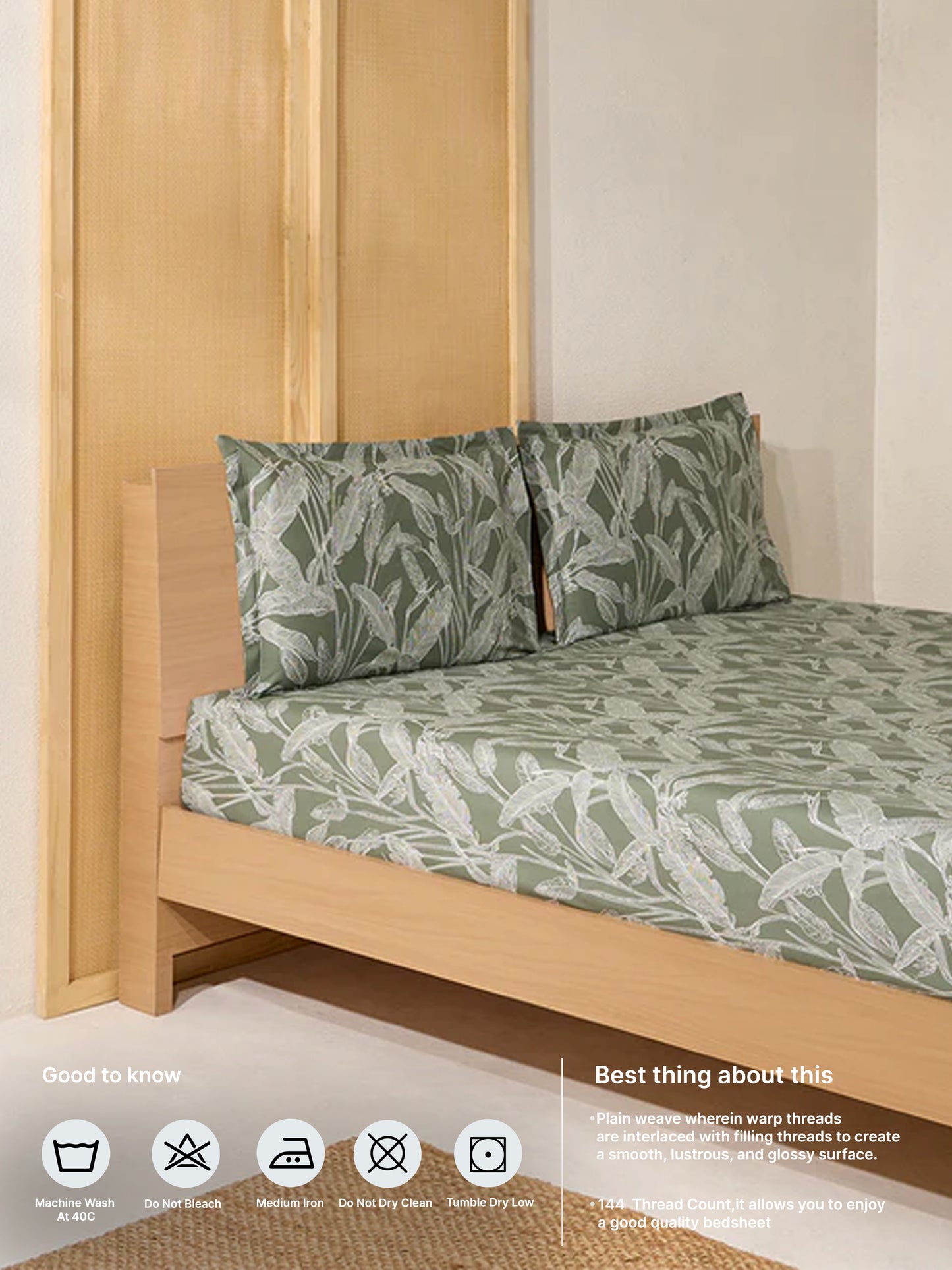 Westside Home Sage Leaf Pattern King Bed Fitted Sheet and Pillowcase Set