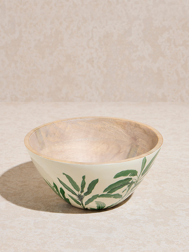 Westside Home Green Banana Leaf Patterned Wooden Bowl