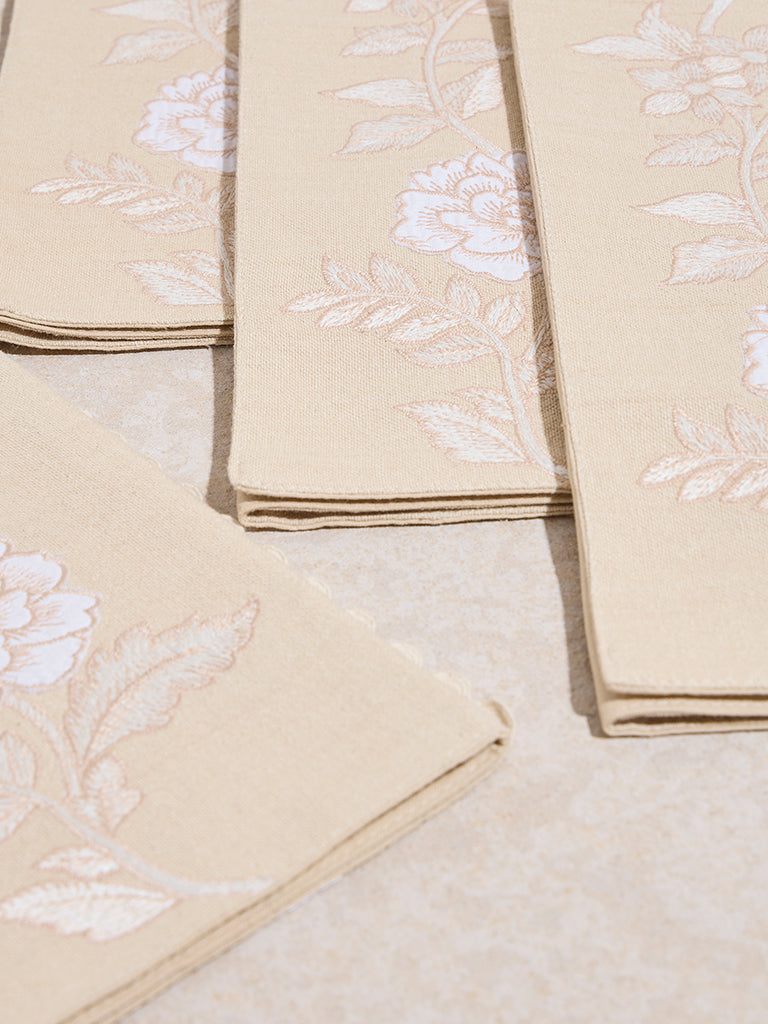 Westside Home Beige Floral Embroidered Placemats (Set of 4)