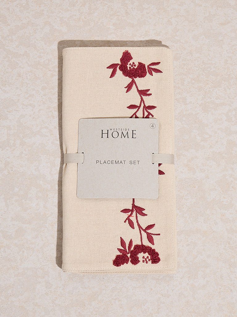 Westside Home Maroon Floral Embroidered Placemats (Set of 4)