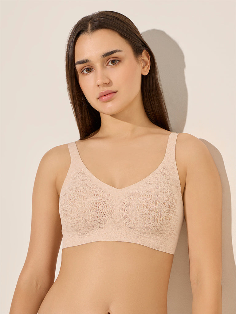 Wunderlove Beige Floral Lace-Design Invisible Padded Bra