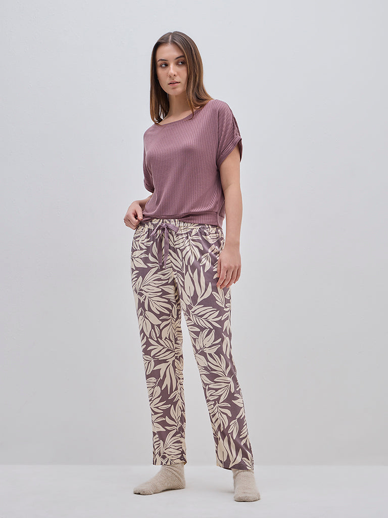 Wunderlove Purple Leaf Printed High-Rise Lounge Pants