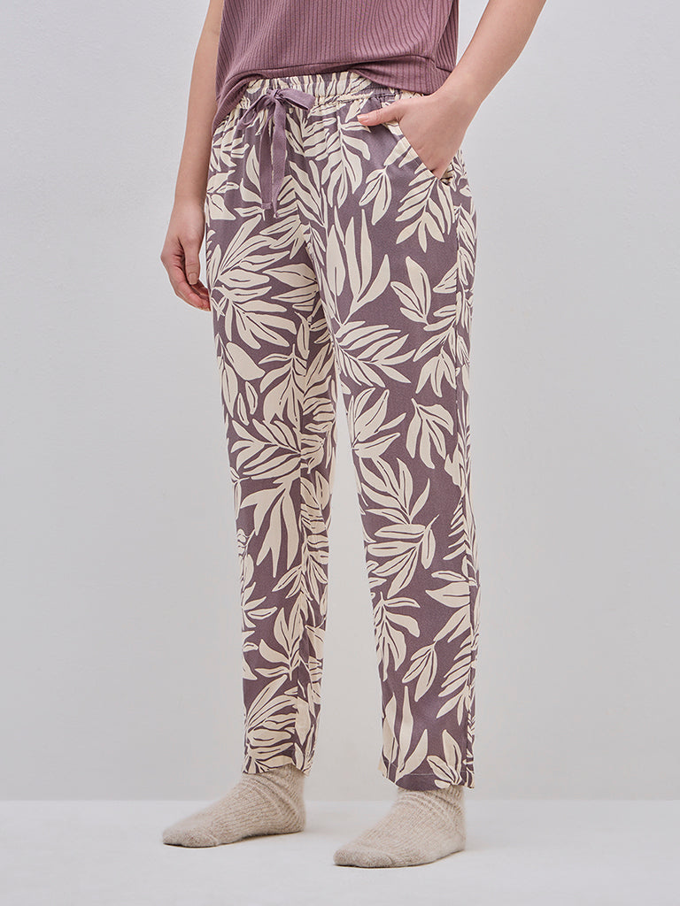 Wunderlove Purple Leaf Printed High-Rise Lounge Pants