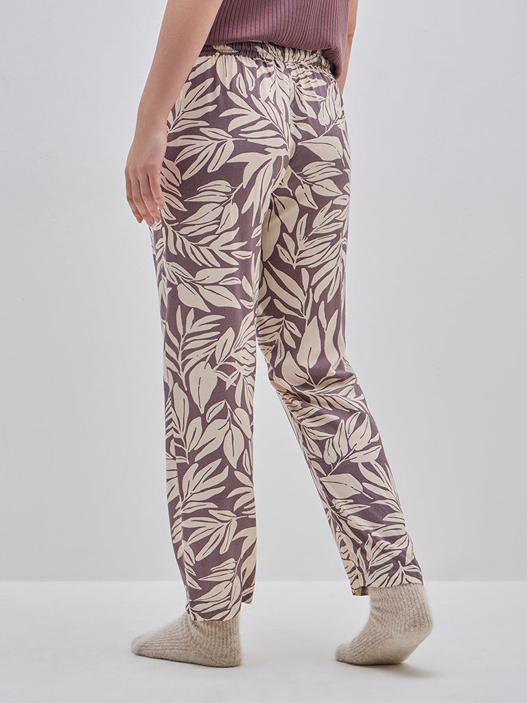 Wunderlove Purple Leaf Printed High-Rise Lounge Pants