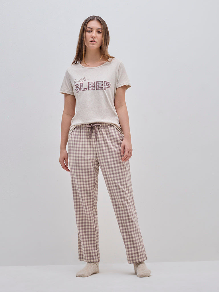 Wunderlove Beige Checkered High-Rise Lounge Pants