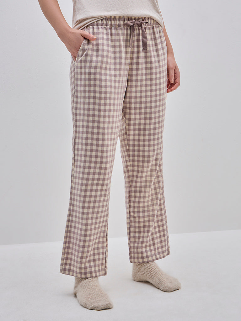 Wunderlove Beige Checkered High-Rise Lounge Pants