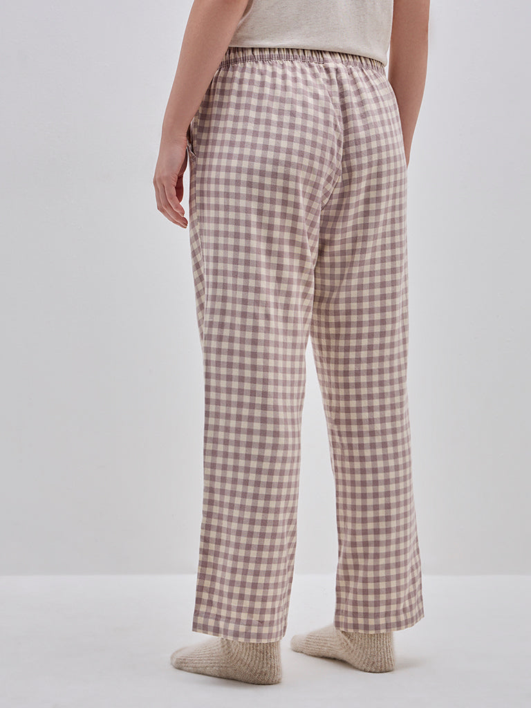 Wunderlove Beige Checkered High-Rise Lounge Pants