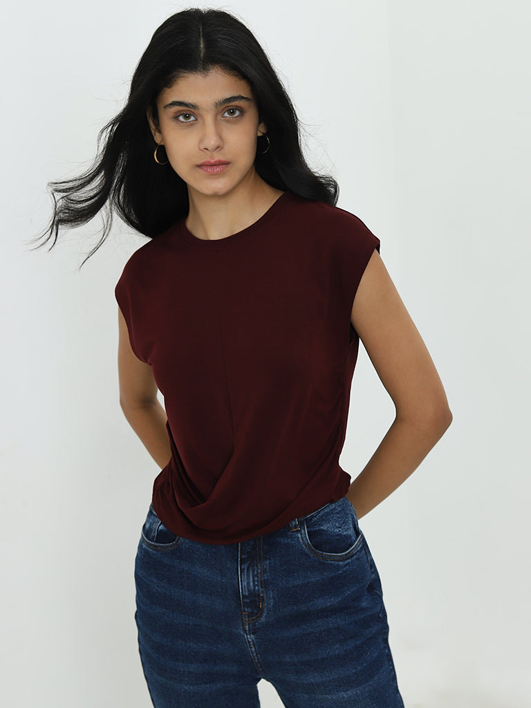 LOV Burgundy Solid Design Cotton Blend Top