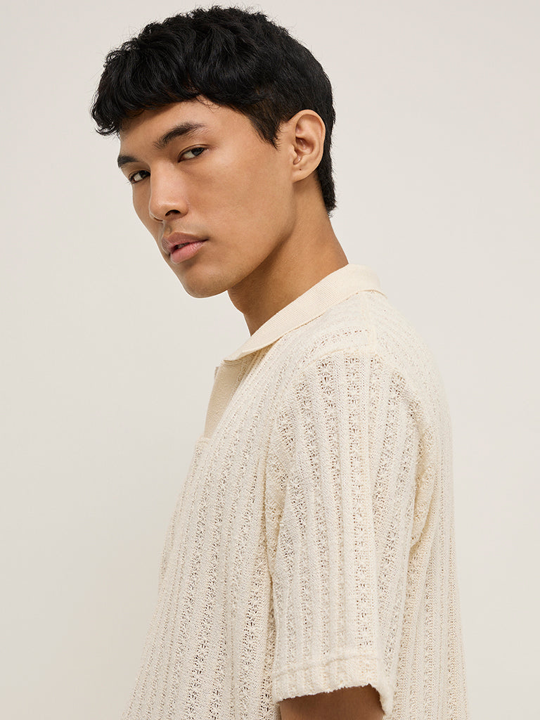 ETA Off-White Knit-Textured Relaxed-Fit Polo T-Shirt