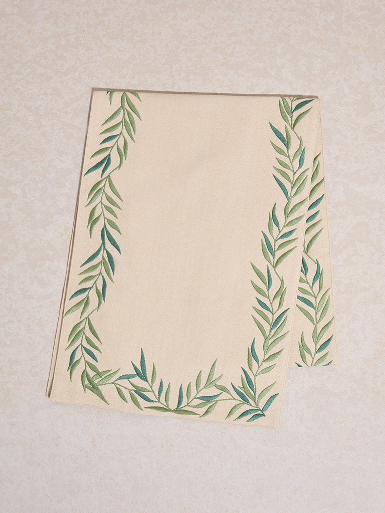 Westside Home Green Leaf Embroidered Table Runner