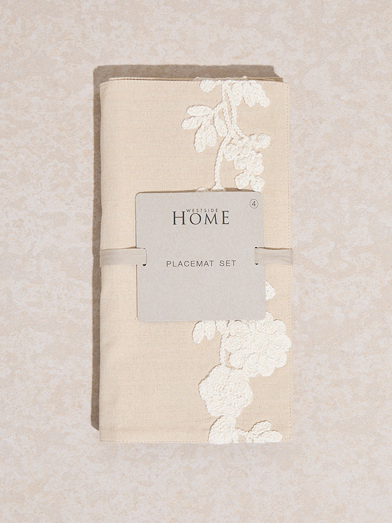 Westside Home Beige Floral Embroidered Placemats (Set of 4)