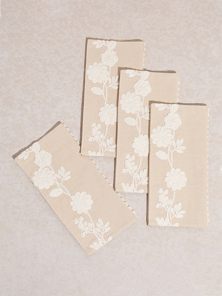 Westside Home Beige Floral Embroidered Placemats (Set of 4)