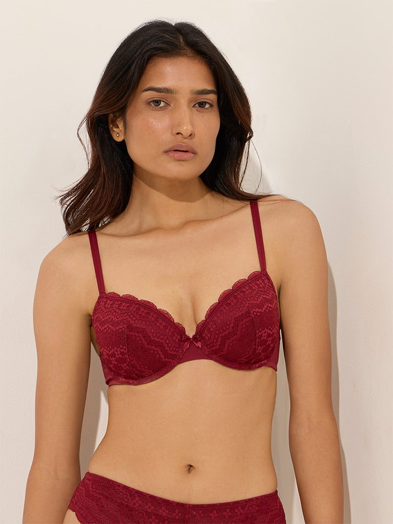 Wunderlove Maroon Lace Design Padded and Underwired Bra