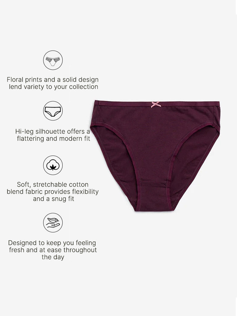 Wunderlove Burgundy Printed Cotton Blend Briefs - Pack of 3