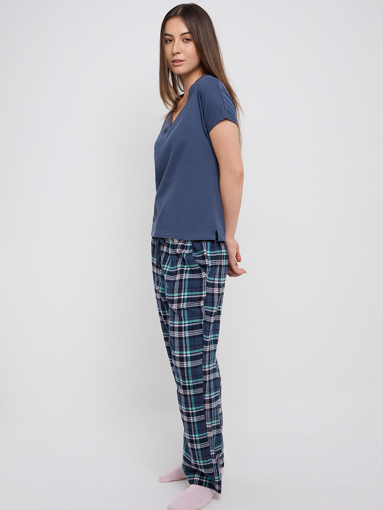 Wunderlove Navy Checkered High-Rise Cotton Lounge Pants