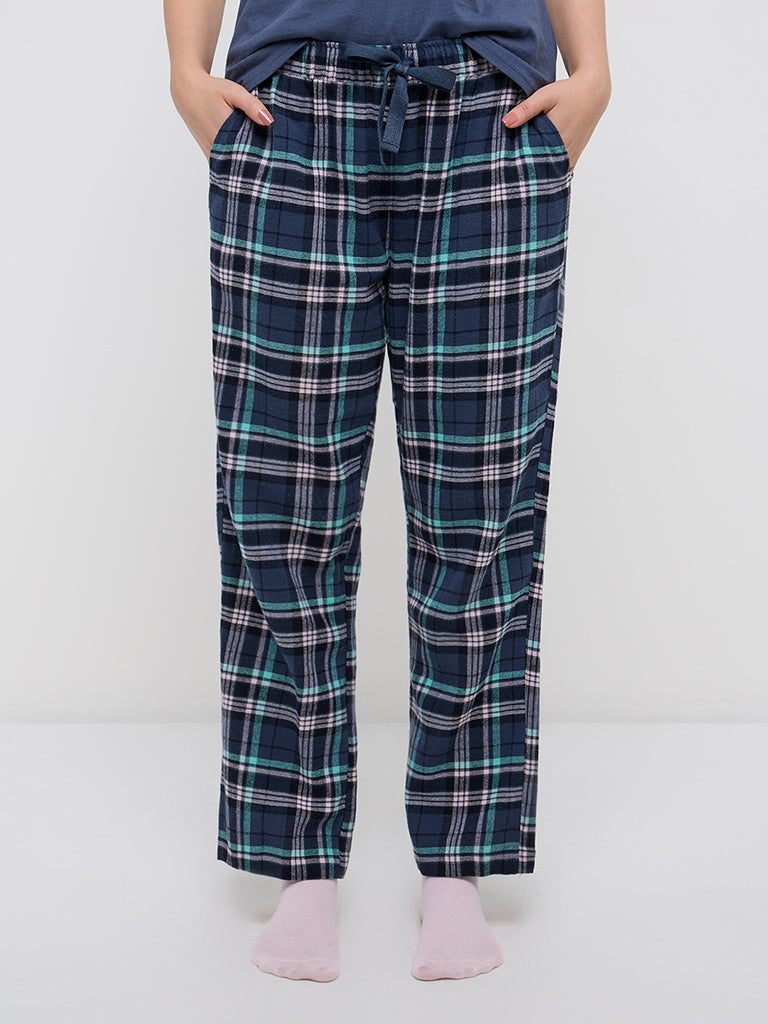 Wunderlove Navy Checkered High-Rise Cotton Lounge Pants