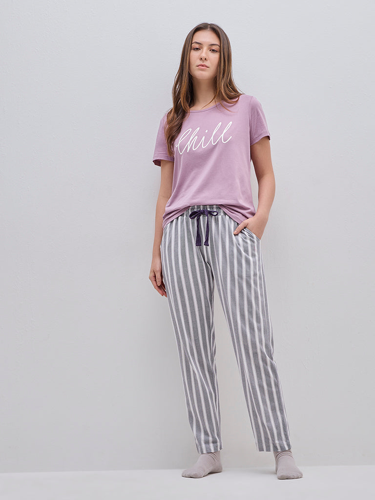 Wunderlove Grey Striped High-Rise Cotton Lounge Pants