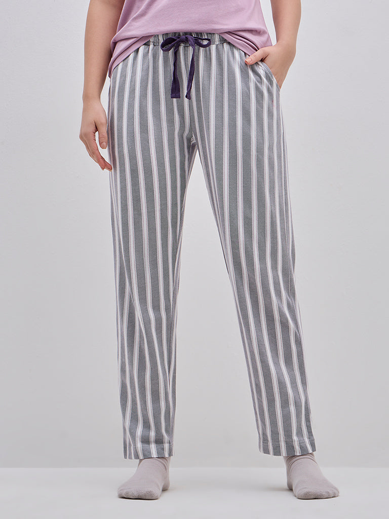 Wunderlove Grey Striped High-Rise Cotton Lounge Pants