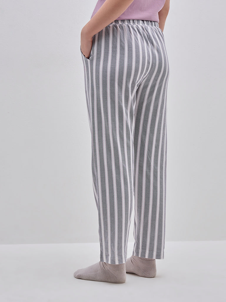 Wunderlove Grey Striped High-Rise Cotton Lounge Pants