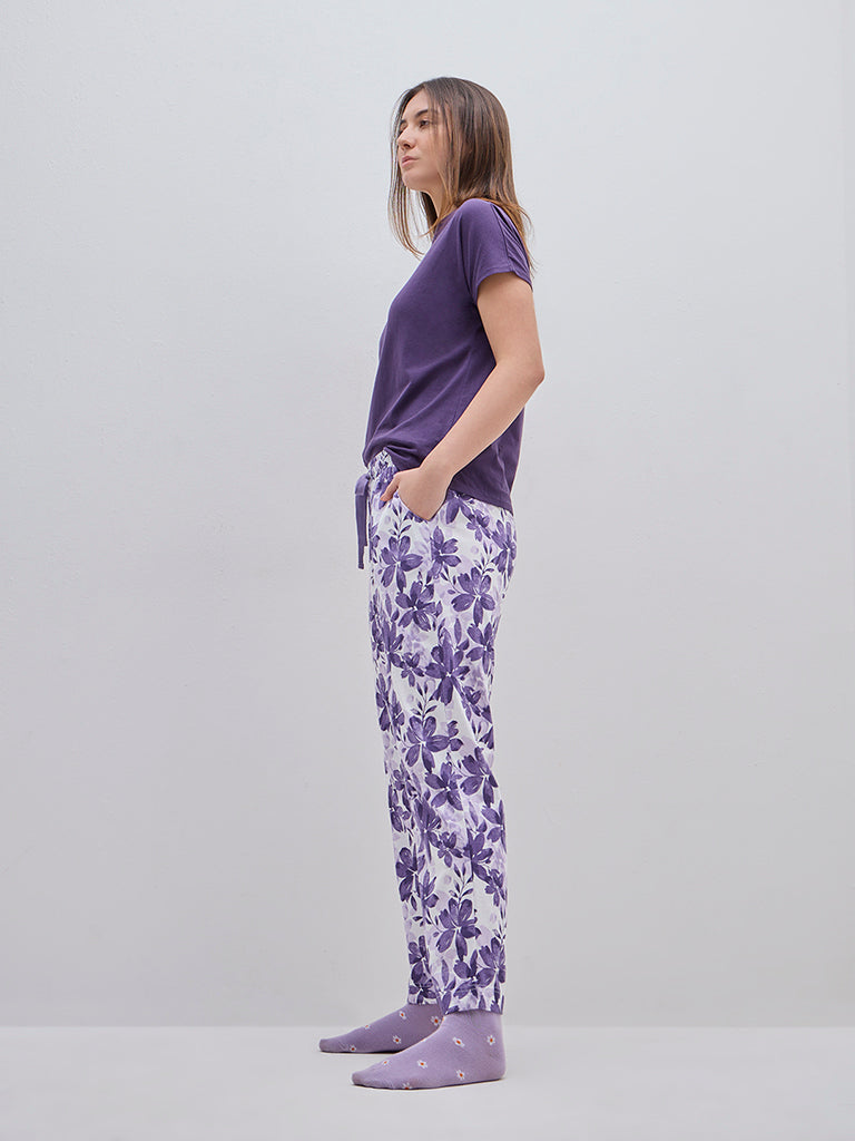 Wunderlove Purple Printed High-Rise Cotton Lounge Pants