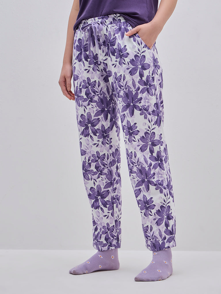 Wunderlove Purple Printed High-Rise Cotton Lounge Pants