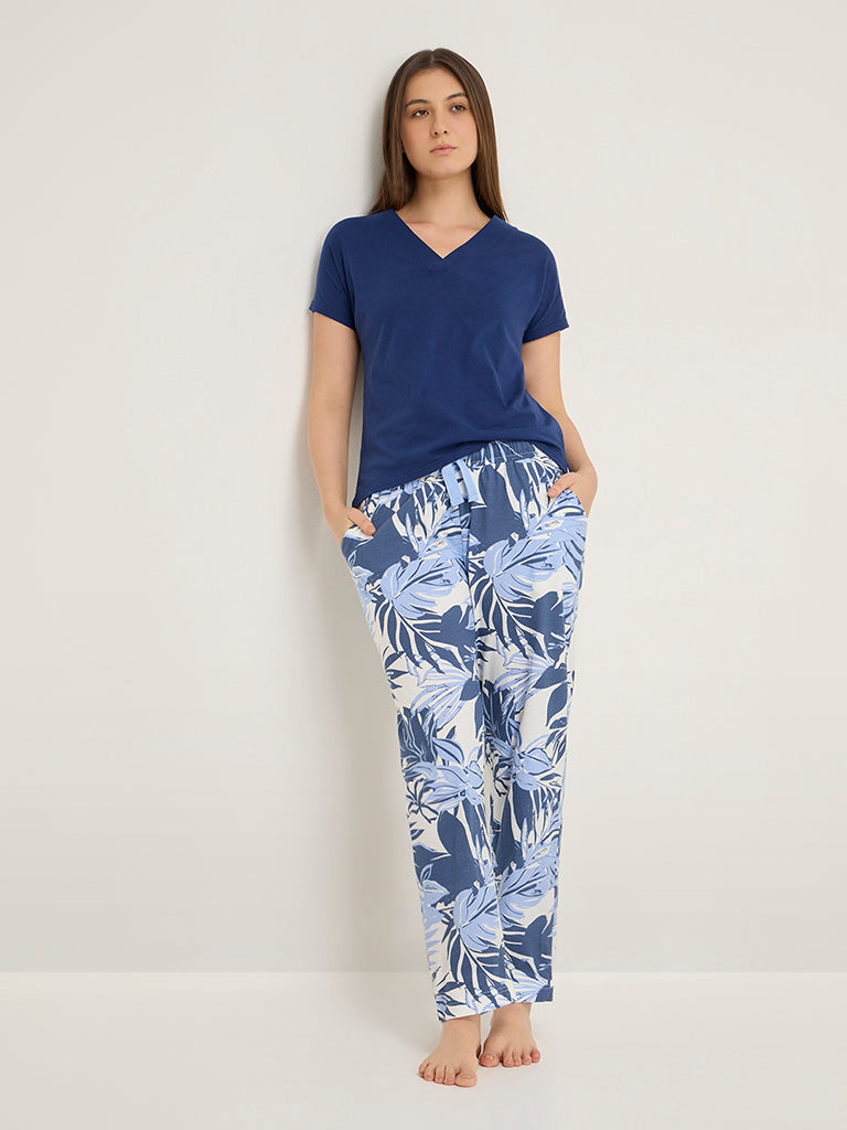 Wunderlove White Botanical Printed High-Rise Lounge Pants