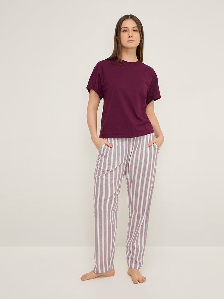 Wunderlove Dark Purple Stripe High-Rise Cotton Lounge Pants