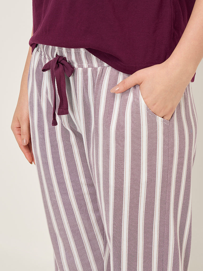 Wunderlove Dark Purple Stripe High-Rise Cotton Lounge Pants