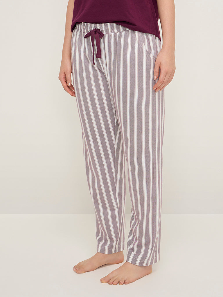 Wunderlove Dark Purple Stripe High-Rise Cotton Lounge Pants