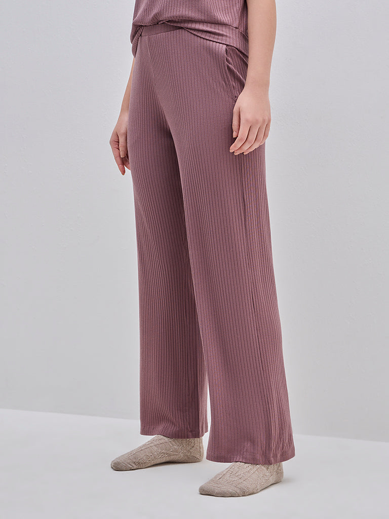 Wunderlove Mauve Ribbed High-Rise Cotton Blend Lounge Pants