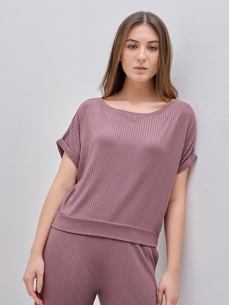 Wunderlove Mauve Ribbed Cotton-Blend Top