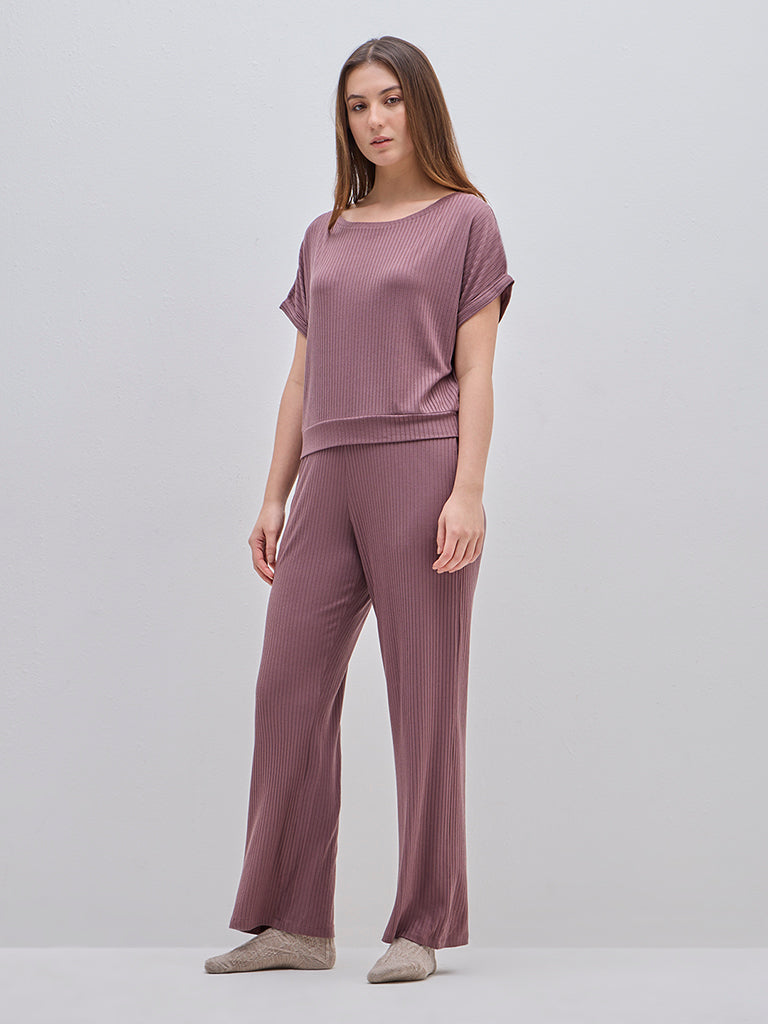 Wunderlove Mauve Ribbed Cotton-Blend Top