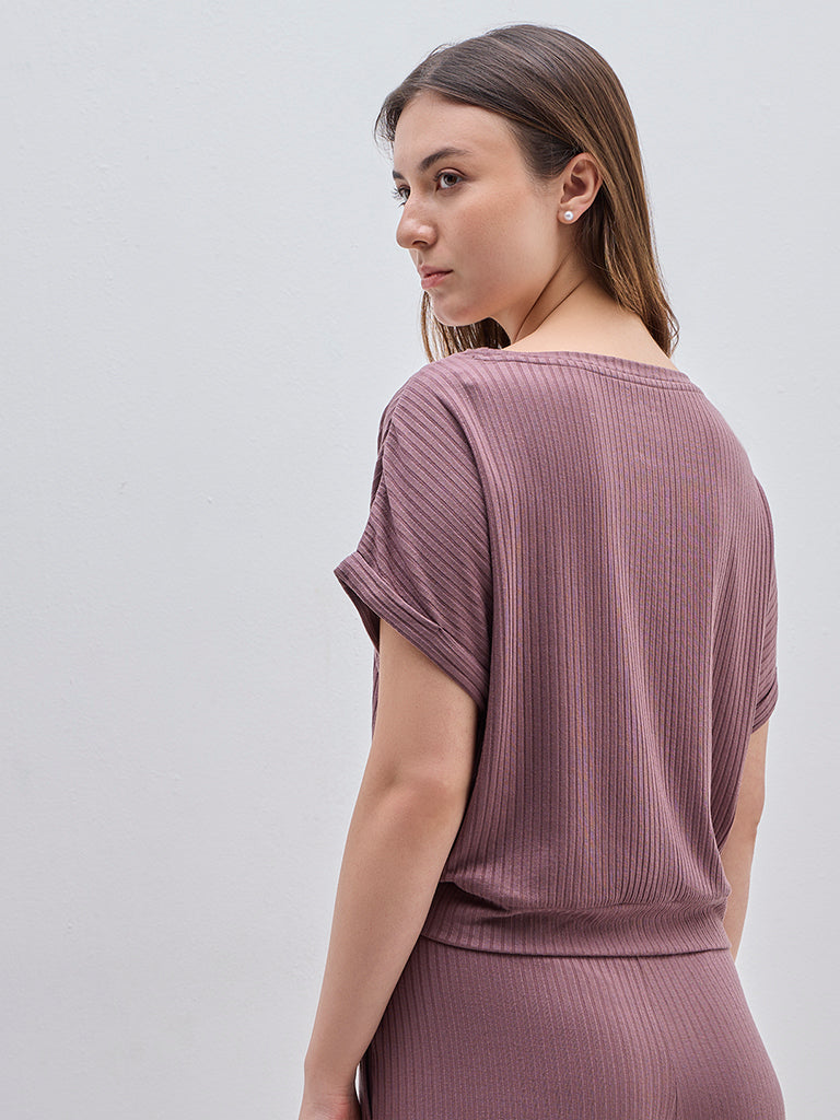 Wunderlove Mauve Ribbed Cotton-Blend Top