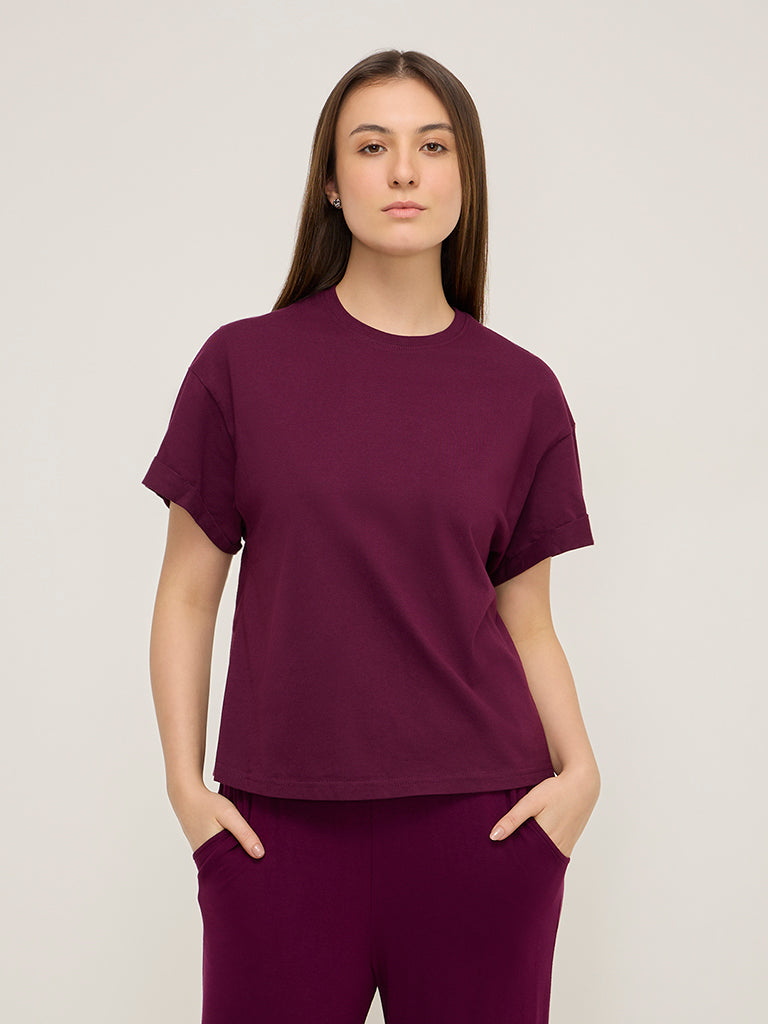 Wunderlove Dark Purple Solid Roll Up Cotton Top