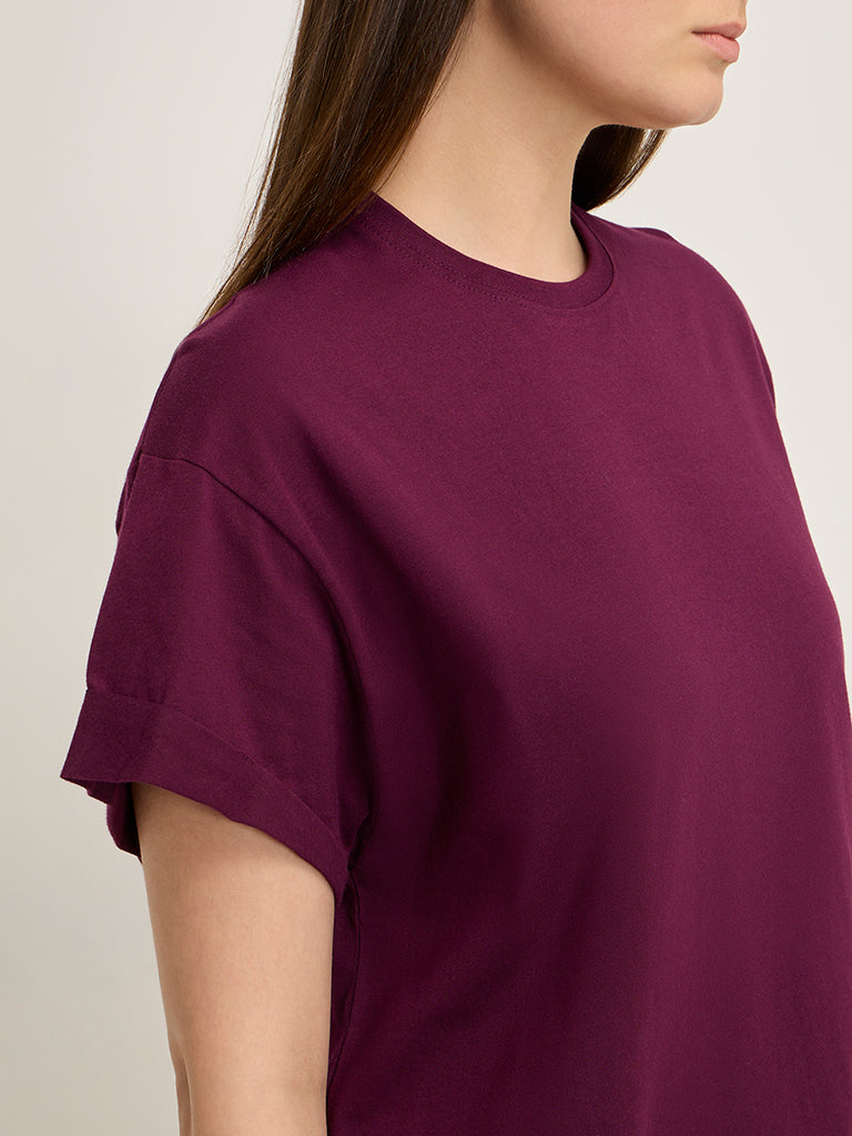 Wunderlove Dark Purple Solid Roll Up Cotton Top