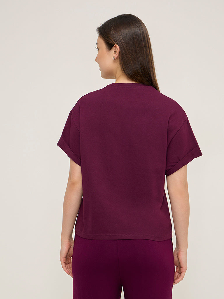 Wunderlove Dark Purple Solid Roll Up Cotton Top