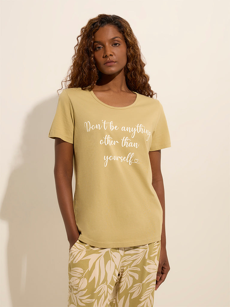 Wunderlove Green Text Printed Cotton T-Shirt