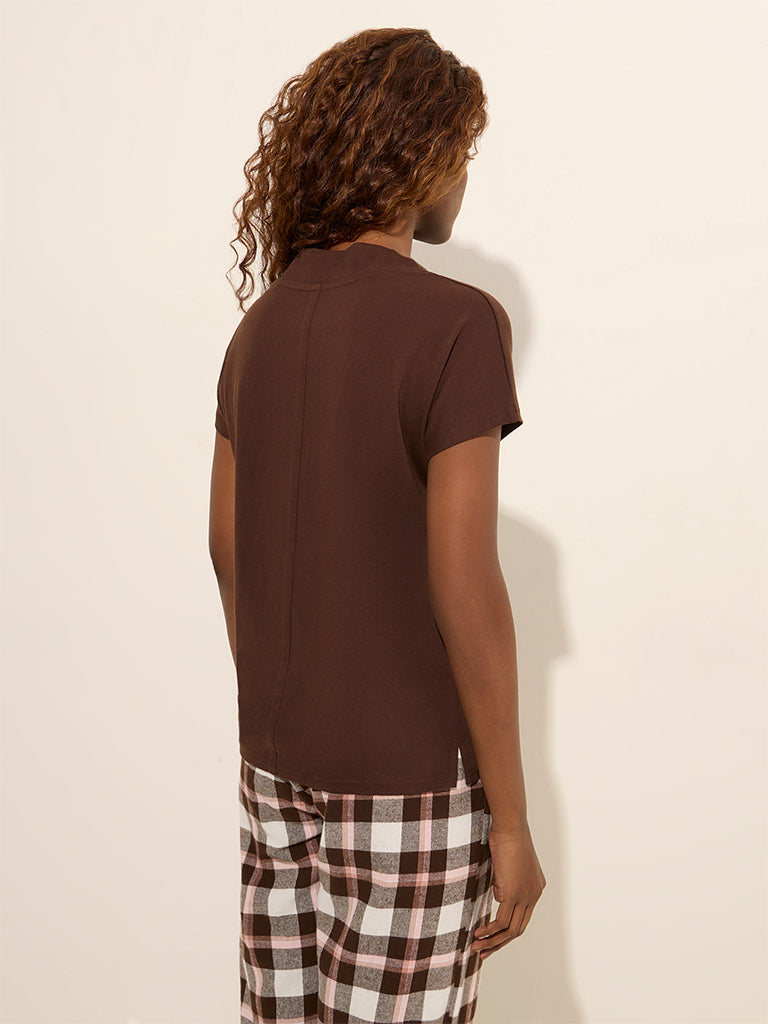 Wunderlove Brown Solid V-Neck Cotton Top