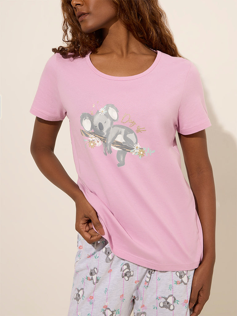 Wunderlove Light Pink Koala Bear Printed Cotton T-Shirt