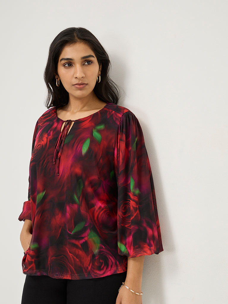 Gia Red Mesh Rose-Printed Blouse