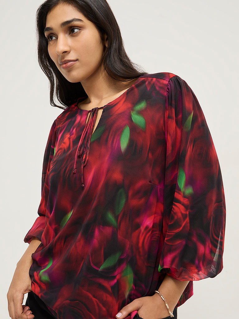 Gia Red Mesh Rose-Printed Blouse