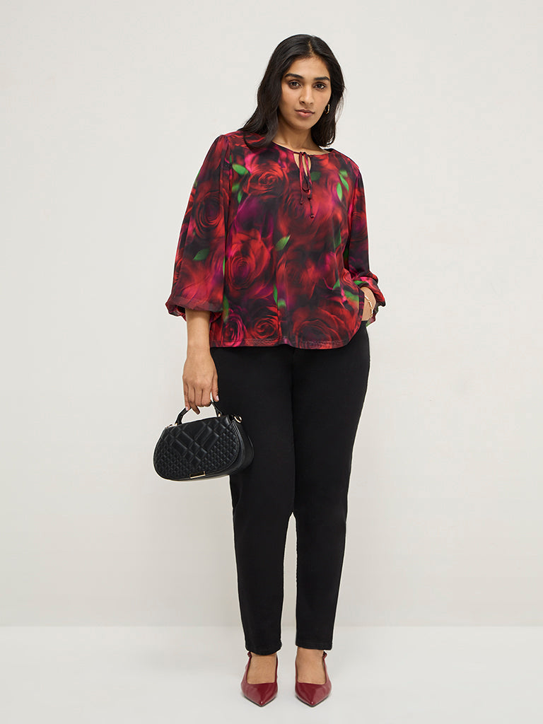 Gia Red Mesh Rose-Printed Blouse