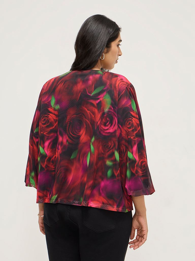 Gia Red Mesh Rose-Printed Blouse