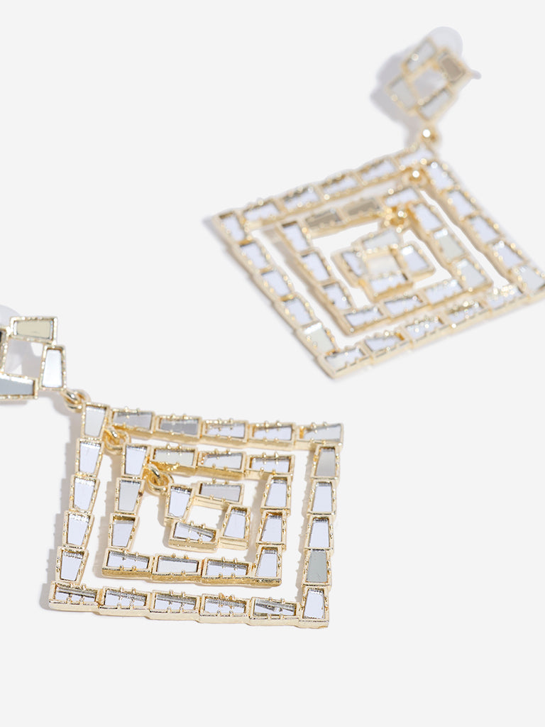 Westside Accessories Gold Mirror-Work Square Jhumka Earrings