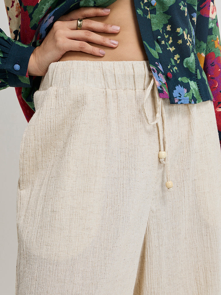 LOV Beige Crinkle-Textured High-Rise Cotton Blend Pants