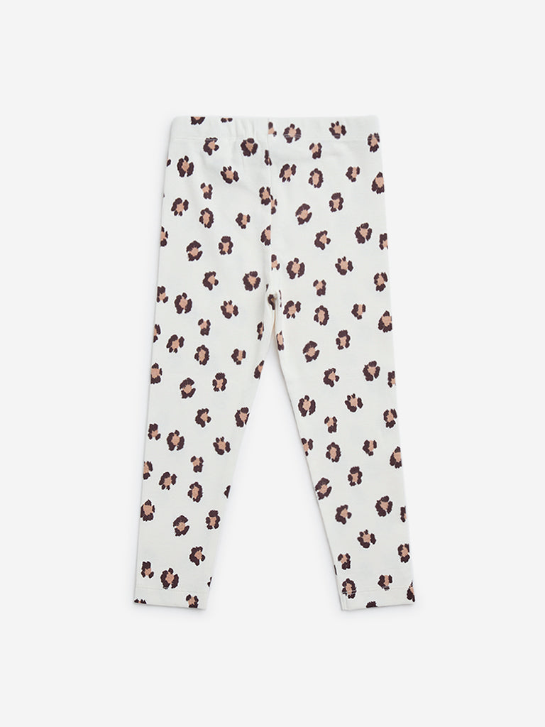 HOP Kids White Printed High-Rise Cotton Blend Leggings