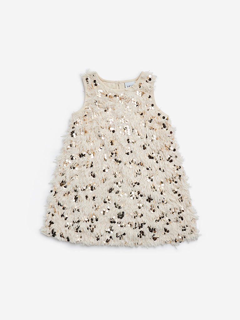 HOP Kids Light Gold Sequined Faux-Fur Party Dress