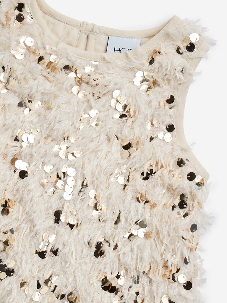 HOP Kids Light Gold Sequined Faux-Fur Party Dress