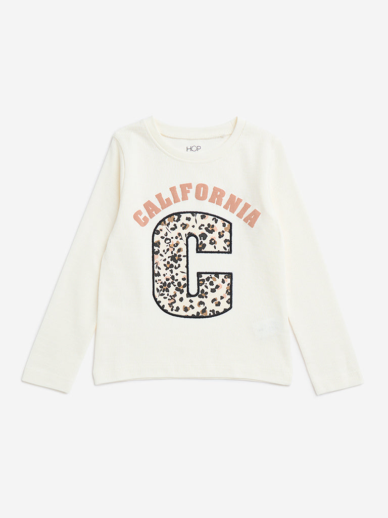 HOP Kids Off-White Text Design Ribbed Cotton T-Shirt