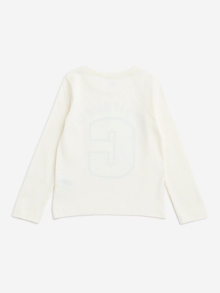 HOP Kids Off-White Text Design Ribbed Cotton T-Shirt